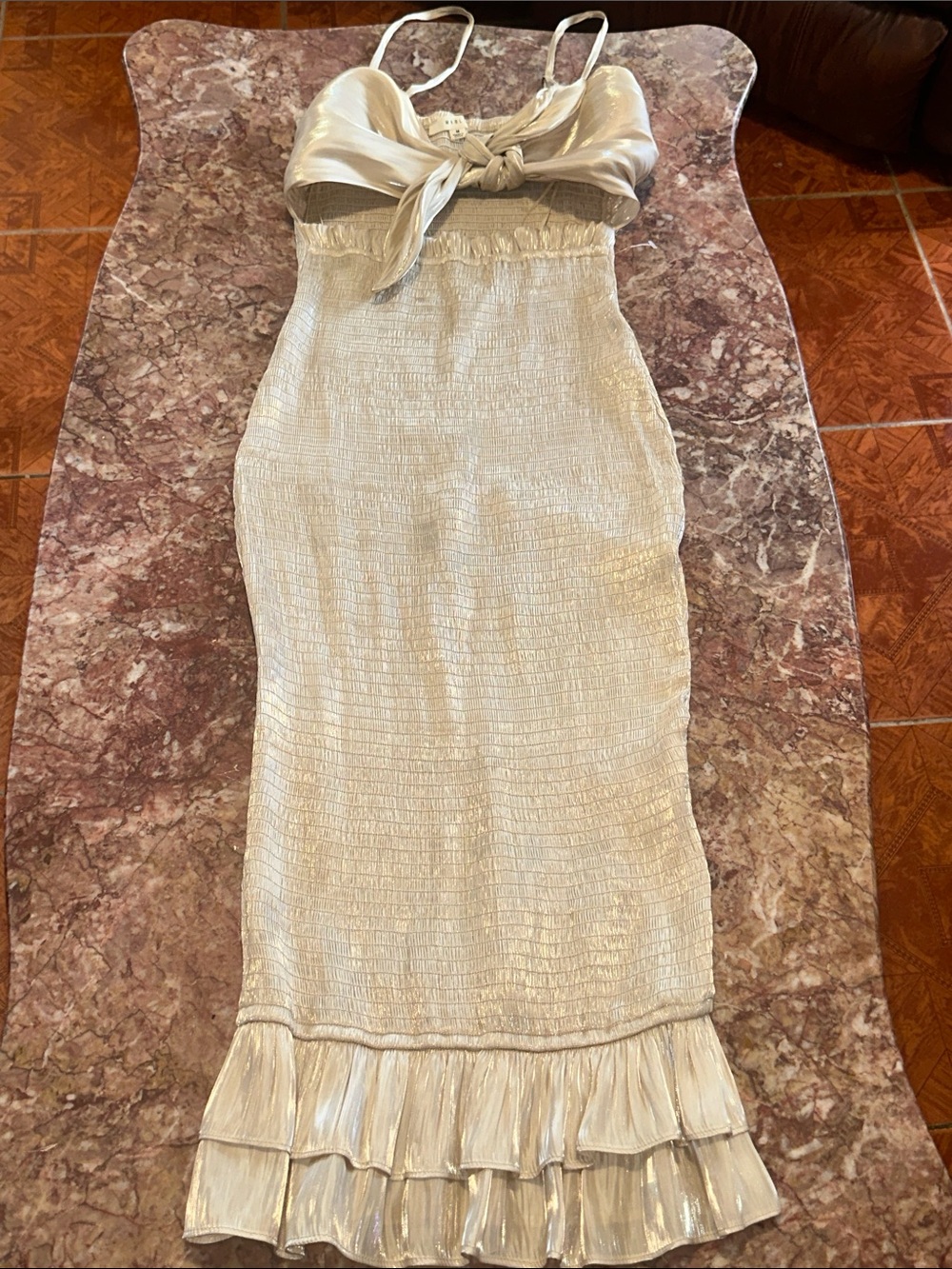 Cream Tie-Front Spaghetti-Strap Midi Dress with Ruffle Hem